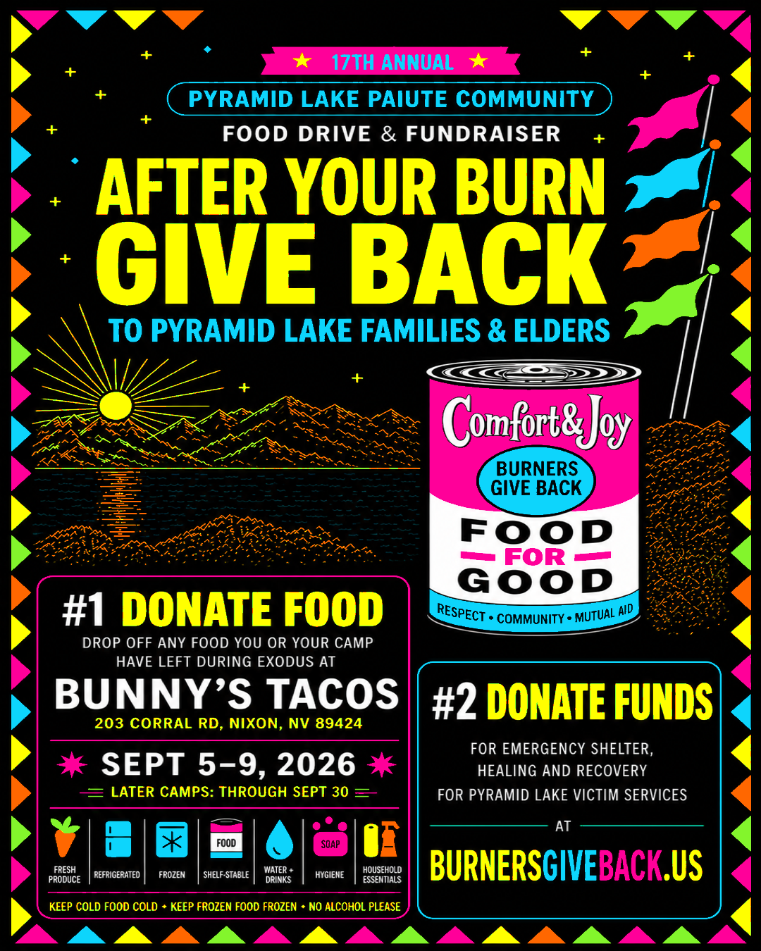 Burners Give Back 2026 poster for individuals and camps: after your burn, give back to Pyramid Lake families and elders.