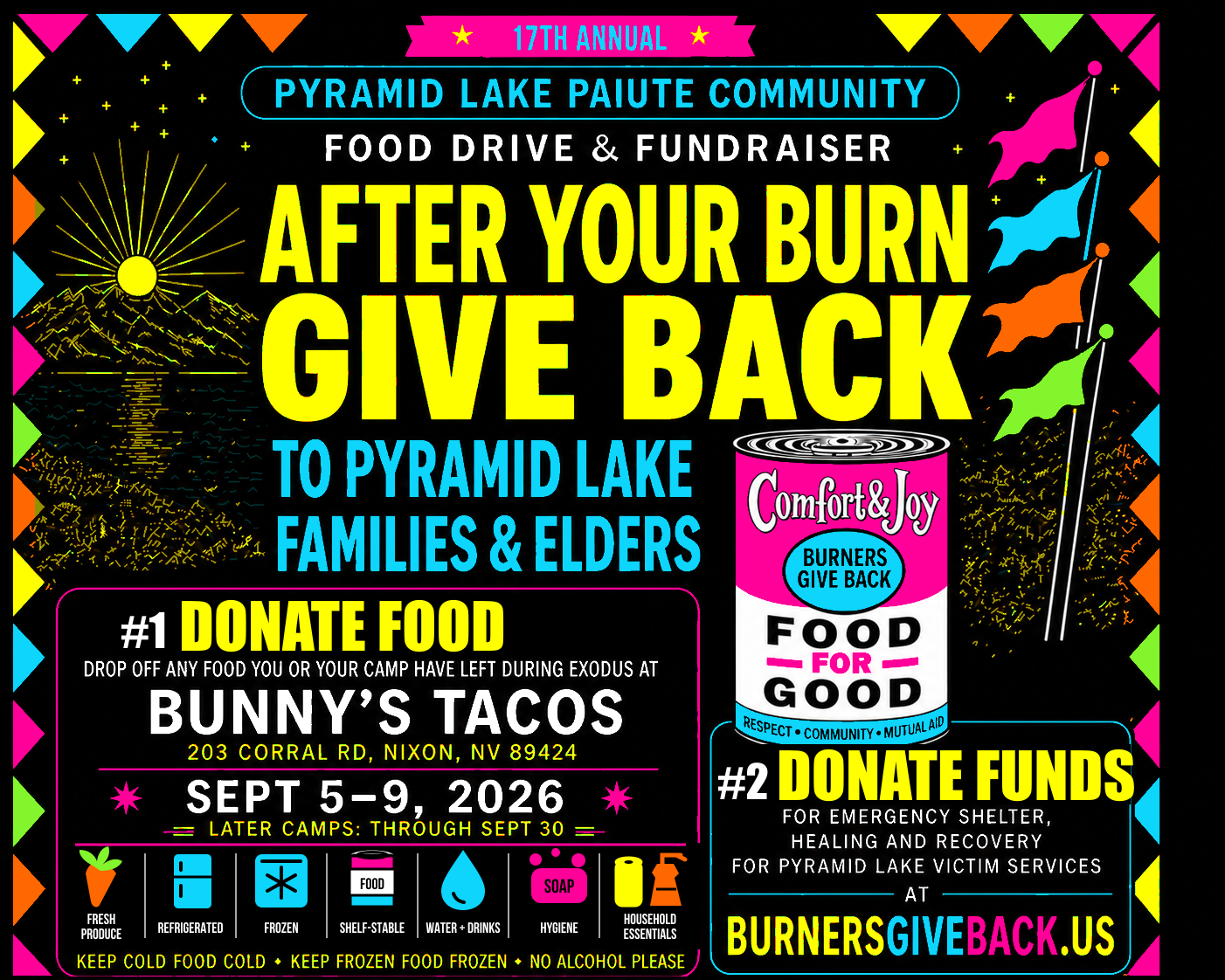 Burners Give Back 2026 campaign poster: after your burn, give back to Pyramid Lake families and elders. Donate food at Bunny’s Tacos in Nixon, Nevada, September 5–9, 2026, and donate funds for Pyramid Lake Victim Services.